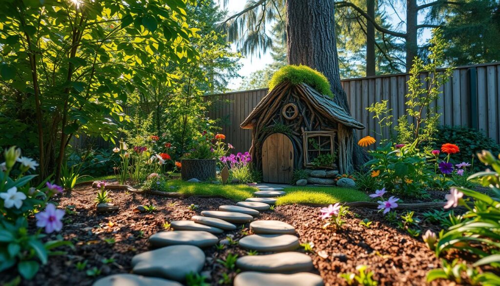 A whimsical fairy house nestled among the lush foliage of a backyard garden. The charming structure is crafted from natural materials like twigs, moss, and pebbles, blending seamlessly with the surrounding flora. Sunlight filters through the trees, casting a warm, magical glow on the scene. In the foreground, a path of river stones leads to the enchanting doorway, inviting exploration. The middle ground features a variety of colorful flowers and plants, creating a vibrant, enchanting atmosphere. In the background, a wooden fence and towering trees frame the idyllic setting, evoking a sense of enchantment and wonder. The overall composition conveys a sense of imagination, creativity, and the joy of childhood play. A whimsical fairy house nestled among the lush foliage of a backyard garden. The charming structure is crafted from natural materials like twigs, moss, and pebbles, blending seamlessly with the surrounding flora. Sunlight filters through the trees, casting a warm, magical glow on the scene. In the foreground, a path of river stones leads to the enchanting doorway, inviting exploration. The middle ground features a variety of colorful flowers and plants, creating a vibrant, enchanting atmosphere. In the background, a wooden fence and towering trees frame the idyllic setting, evoking a sense of enchantment and wonder. The overall composition conveys a sense of imagination, creativity, and the joy of childhood play.