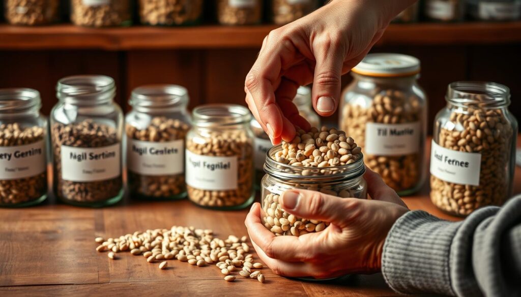 A wooden table illuminated by warm, natural lighting, showcasing a collection of glass jars filled with a variety of heirloom seeds. The jars are arranged with care, their labels visible, each one a testament to the diverse bounty that can be grown from these tiny, dormant treasures. In the foreground, a pair of weathered hands gently sifts through the contents of an open jar, selecting the plumpest, most viable specimens to be preserved for the next growing season. The background is softly blurred, allowing the focus to remain on the delicate act of seed saving, a time-honored tradition that ensures the continuity of healthy, abundant harvests. A wooden table illuminated by warm, natural lighting, showcasing a collection of glass jars filled with a variety of heirloom seeds. The jars are arranged with care, their labels visible, each one a testament to the diverse bounty that can be grown from these tiny, dormant treasures. In the foreground, a pair of weathered hands gently sifts through the contents of an open jar, selecting the plumpest, most viable specimens to be preserved for the next growing season. The background is softly blurred, allowing the focus to remain on the delicate act of seed saving, a time-honored tradition that ensures the continuity of healthy, abundant harvests.