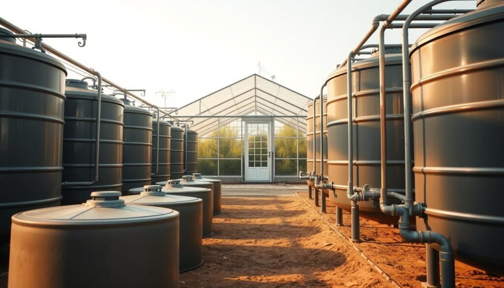 An industrial-scale greenhouse setup with multiple large metal storage tanks arranged in the foreground, their cylindrical forms casting long shadows on the ground. The tanks are connected by a network of pipes, valves, and fittings, suggesting a functional rainwater harvesting system. In the middle ground, a well-maintained greenhouse structure with glass panels and aluminum framing stands tall, complementing the utilitarian equipment. The background features a lush, verdant landscape, hinting at the sustainable, eco-friendly nature of the rainwater harvesting setup. Warm, diffused lighting illuminates the scene, creating a sense of order and efficiency. An industrial-scale greenhouse setup with multiple large metal storage tanks arranged in the foreground, their cylindrical forms casting long shadows on the ground. The tanks are connected by a network of pipes, valves, and fittings, suggesting a functional rainwater harvesting system. In the middle ground, a well-maintained greenhouse structure with glass panels and aluminum framing stands tall, complementing the utilitarian equipment. The background features a lush, verdant landscape, hinting at the sustainable, eco-friendly nature of the rainwater harvesting setup. Warm, diffused lighting illuminates the scene, creating a sense of order and efficiency.