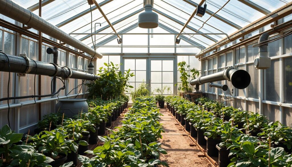 An interior view of a well-lit greenhouse, showcasing a practical and efficient off-grid heating setup. In the foreground, a network of pipes and vents creates a dynamic air circulation system, distributing warmth evenly throughout the space. The middle ground features a variety of thriving plants, their lush foliage casting soft shadows on the ground. The background reveals the greenhouse's sturdy structure, with strategically placed windows allowing natural light to flood the interior. The overall atmosphere is one of tranquility and functionality, with the heating system seamlessly integrated into the greenhouse's design. An interior view of a well-lit greenhouse, showcasing a practical and efficient off-grid heating setup. In the foreground, a network of pipes and vents creates a dynamic air circulation system, distributing warmth evenly throughout the space. The middle ground features a variety of thriving plants, their lush foliage casting soft shadows on the ground. The background reveals the greenhouse's sturdy structure, with strategically placed windows allowing natural light to flood the interior. The overall atmosphere is one of tranquility and functionality, with the heating system seamlessly integrated into the greenhouse's design.