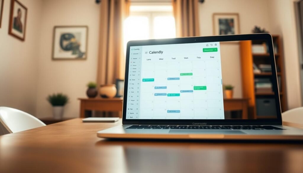 Calendly calendar, a sleek and modern digital planner against a backdrop of a warm, softly lit home office. In the foreground, the Calendly app interface is displayed on a laptop screen, showcasing its clean and intuitive design. The middle ground features a desk with minimal, tasteful decor, creating a serene and organized work environment. In the background, gentle natural light filters through a window, casting a cozy glow and emphasizing the tranquil atmosphere. The overall scene conveys a sense of productivity, efficiency, and effortless scheduling, perfectly suited for the article's focus on using Calendly for lawn maintenance organization. Calendly calendar, a sleek and modern digital planner against a backdrop of a warm, softly lit home office. In the foreground, the Calendly app interface is displayed on a laptop screen, showcasing its clean and intuitive design. The middle ground features a desk with minimal, tasteful decor, creating a serene and organized work environment. In the background, gentle natural light filters through a window, casting a cozy glow and emphasizing the tranquil atmosphere. The overall scene conveys a sense of productivity, efficiency, and effortless scheduling, perfectly suited for the article's focus on using Calendly for lawn maintenance organization.