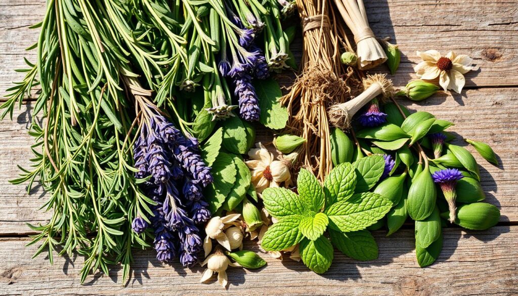 Carefully arranged fresh and dried herb leaves, stems, and flowers on a rustic wooden surface, capturing the essence of plant material for essential oil extraction. The composition features a variety of aromatic herbs such as rosemary, lavender, and peppermint, with natural lighting casting soft shadows and highlighting the textures and vibrant colors. The image conveys a sense of serenity and attention to detail, reflecting the care and preparation required for harvesting and processing plant material for essential oil production. Carefully arranged fresh and dried herb leaves, stems, and flowers on a rustic wooden surface, capturing the essence of plant material for essential oil extraction. The composition features a variety of aromatic herbs such as rosemary, lavender, and peppermint, with natural lighting casting soft shadows and highlighting the textures and vibrant colors. The image conveys a sense of serenity and attention to detail, reflecting the care and preparation required for harvesting and processing plant material for essential oil production.