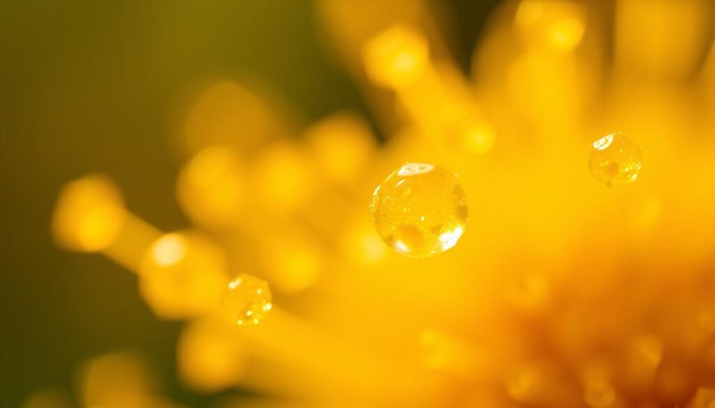 Close-up macro shot of delicate pollen grains in soft focus, with a shallow depth of field. The pollen appears as translucent, golden-yellow spheres against a blurred, out-of-focus background. Warm, natural lighting illuminates the grains, creating a soft, diffused glow. The image is composed to highlight the intricate textures and patterns of the pollen, drawing the viewer's attention to the intimate details of these tiny structures that are essential for pollination. The overall mood is one of quiet wonder and appreciation for the beauty of nature's microscopic wonders. Close-up macro shot of delicate pollen grains in soft focus, with a shallow depth of field. The pollen appears as translucent, golden-yellow spheres against a blurred, out-of-focus background. Warm, natural lighting illuminates the grains, creating a soft, diffused glow. The image is composed to highlight the intricate textures and patterns of the pollen, drawing the viewer's attention to the intimate details of these tiny structures that are essential for pollination. The overall mood is one of quiet wonder and appreciation for the beauty of nature's microscopic wonders.