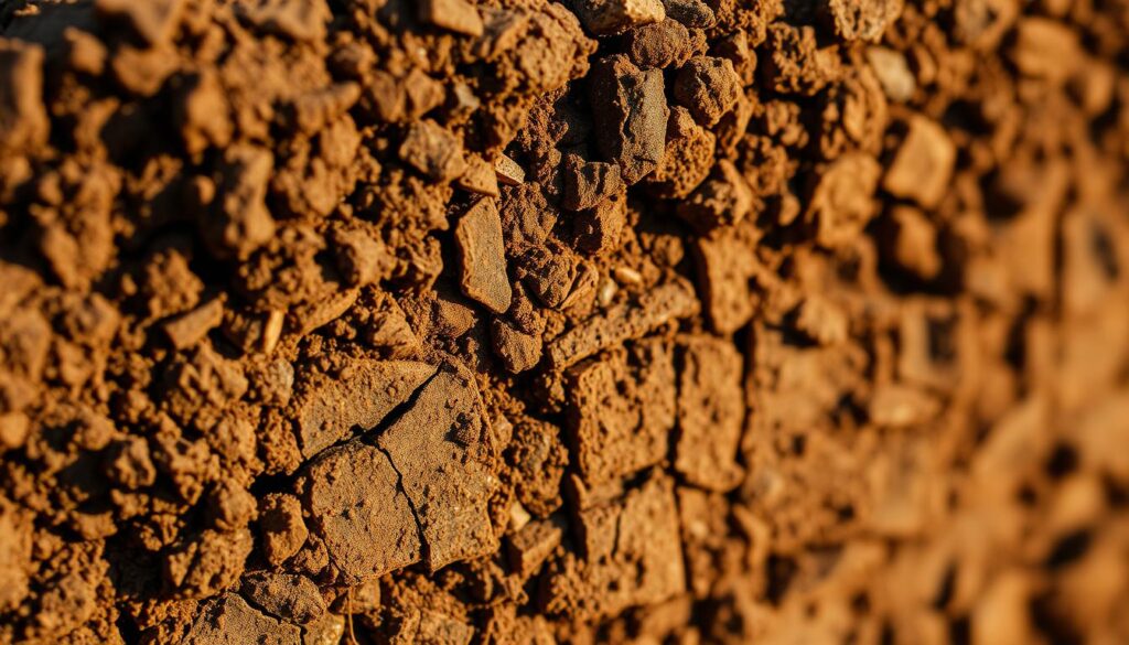 Detailed close-up of soil compaction, showcasing the dense, compressed texture of the earth's surface. A cross-section reveals the tightly packed soil particles, with minimal air pockets and reduced porosity. Subtle cracks and fissures cut through the hardened ground, indicative of the reduced water infiltration and root penetration. Warm, diffused lighting from the side illuminates the earthy tones and rugged surface, creating a sense of density and weight. Captured with a macro lens to emphasize the intricate structure of the compacted soil, this image conveys the visual evidence of the need for lawn aeration. Detailed close-up of soil compaction, showcasing the dense, compressed texture of the earth's surface. A cross-section reveals the tightly packed soil particles, with minimal air pockets and reduced porosity. Subtle cracks and fissures cut through the hardened ground, indicative of the reduced water infiltration and root penetration. Warm, diffused lighting from the side illuminates the earthy tones and rugged surface, creating a sense of density and weight. Captured with a macro lens to emphasize the intricate structure of the compacted soil, this image conveys the visual evidence of the need for lawn aeration.