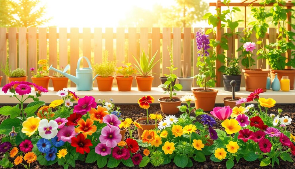 Detailed step-by-step plan for growing edible flowers, showcased in a clean, informative botanical illustration. Foreground displays various edible flower varieties in vibrant colors, arranged in a logical progression. Middle ground features potted plants, soil, watering can, and other gardening tools. Background shows a serene, sun-dappled outdoor setting with a wooden fence or trellis. Warm, natural lighting illuminates the scene, enhancing the organic, educational feel. The composition uses a balanced, symmetrical layout to convey a sense of order and structure aligned with the "step-by-step" theme. Overall, a visually appealing, instructional image to guide readers through the process of cultivating edible flowers. Detailed step-by-step plan for growing edible flowers, showcased in a clean, informative botanical illustration. Foreground displays various edible flower varieties in vibrant colors, arranged in a logical progression. Middle ground features potted plants, soil, watering can, and other gardening tools. Background shows a serene, sun-dappled outdoor setting with a wooden fence or trellis. Warm, natural lighting illuminates the scene, enhancing the organic, educational feel. The composition uses a balanced, symmetrical layout to convey a sense of order and structure aligned with the "step-by-step" theme. Overall, a visually appealing, instructional image to guide readers through the process of cultivating edible flowers.