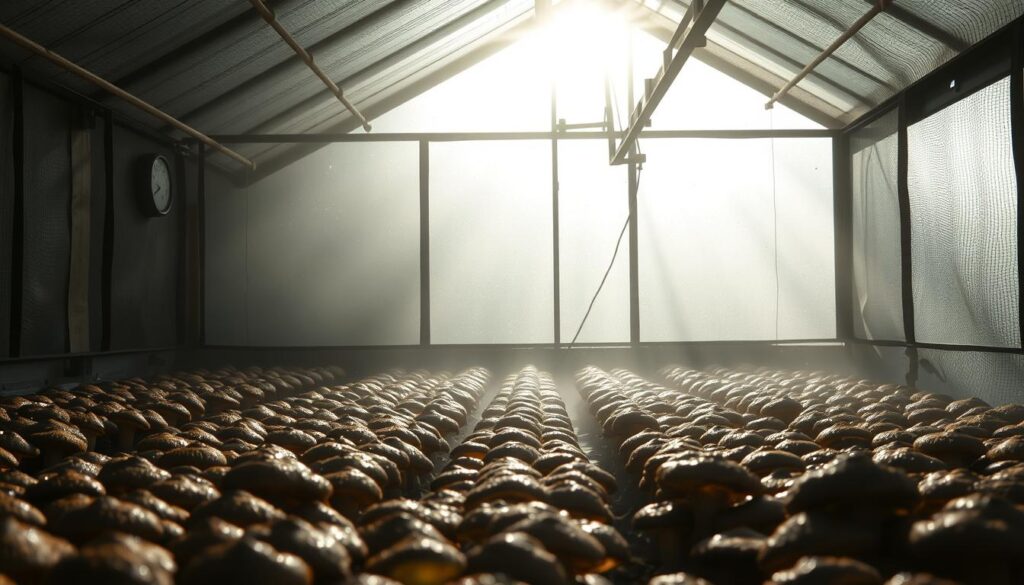 Dimly lit greenhouse interior, mid-morning sunlight filtering through hazy glass panes. Rows of mushroom beds in the foreground, their surfaces glistening with droplets of condensation. A hygrometer mounted on the wall displays the current humidity level. Ambient moisture in the air creates a hazy, atmospheric quality. Subtle textures of weathered wood, metal, and glass elements throughout the scene. Soft, muted tones with a sense of tranquility and control, emphasizing the importance of maintaining optimal humidity for successful mushroom cultivation. Dimly lit greenhouse interior, mid-morning sunlight filtering through hazy glass panes. Rows of mushroom beds in the foreground, their surfaces glistening with droplets of condensation. A hygrometer mounted on the wall displays the current humidity level. Ambient moisture in the air creates a hazy, atmospheric quality. Subtle textures of weathered wood, metal, and glass elements throughout the scene. Soft, muted tones with a sense of tranquility and control, emphasizing the importance of maintaining optimal humidity for successful mushroom cultivation.