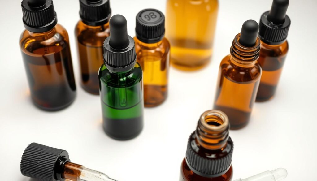 High-quality closeup of various essential oil bottles and droppers against a plain white background, with soft, even lighting illuminating the bottles and their contents. The essential oils should appear rich, pure, and potent, with the bottles showcasing different colors and textures of the oils. The scene should convey a sense of purity, natural wellness, and the potential for home extraction and use of these concentrated plant-based oils. High-quality closeup of various essential oil bottles and droppers against a plain white background, with soft, even lighting illuminating the bottles and their contents. The essential oils should appear rich, pure, and potent, with the bottles showcasing different colors and textures of the oils. The scene should convey a sense of purity, natural wellness, and the potential for home extraction and use of these concentrated plant-based oils.