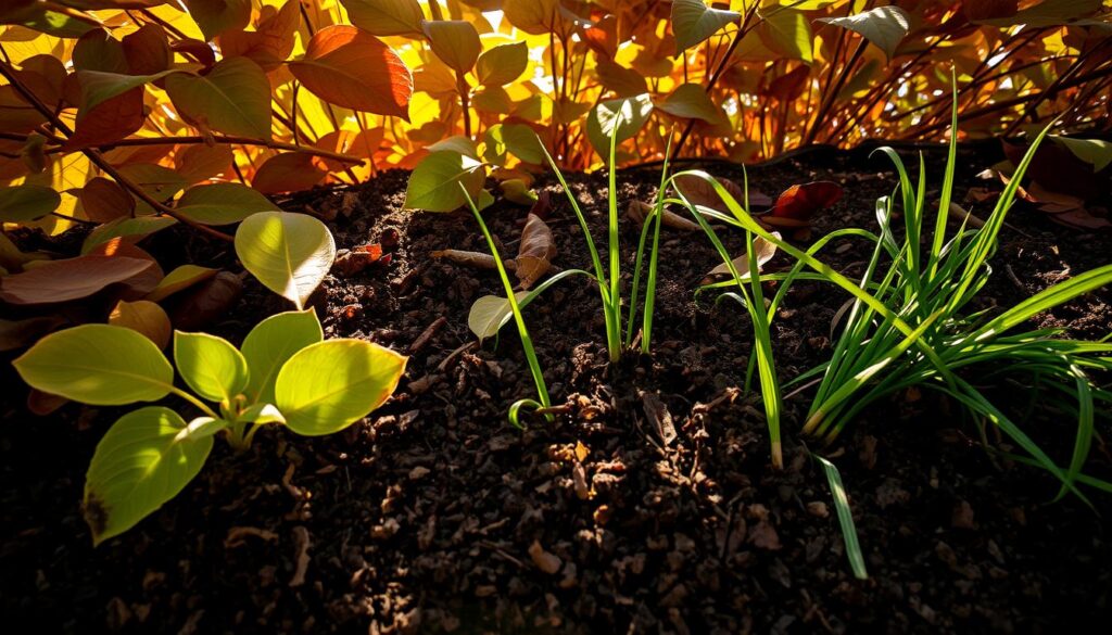 Leaves and soil in a lush, earthy composition. Sunlight filters through a canopy of vibrant foliage, casting warm, dappled shadows on the rich, loamy earth below. Decomposing leaves and grass clippings mingle, creating a textured, organic surface. Delicate tendrils and roots emerge from the soil, hinting at the thriving ecosystem beneath. Capture the essence of a healthy, natural garden bed, inviting viewers to explore the vital connection between leaves, grass, and the nourishing foundation of the earth. Leaves and soil in a lush, earthy composition. Sunlight filters through a canopy of vibrant foliage, casting warm, dappled shadows on the rich, loamy earth below. Decomposing leaves and grass clippings mingle, creating a textured, organic surface. Delicate tendrils and roots emerge from the soil, hinting at the thriving ecosystem beneath. Capture the essence of a healthy, natural garden bed, inviting viewers to explore the vital connection between leaves, grass, and the nourishing foundation of the earth.