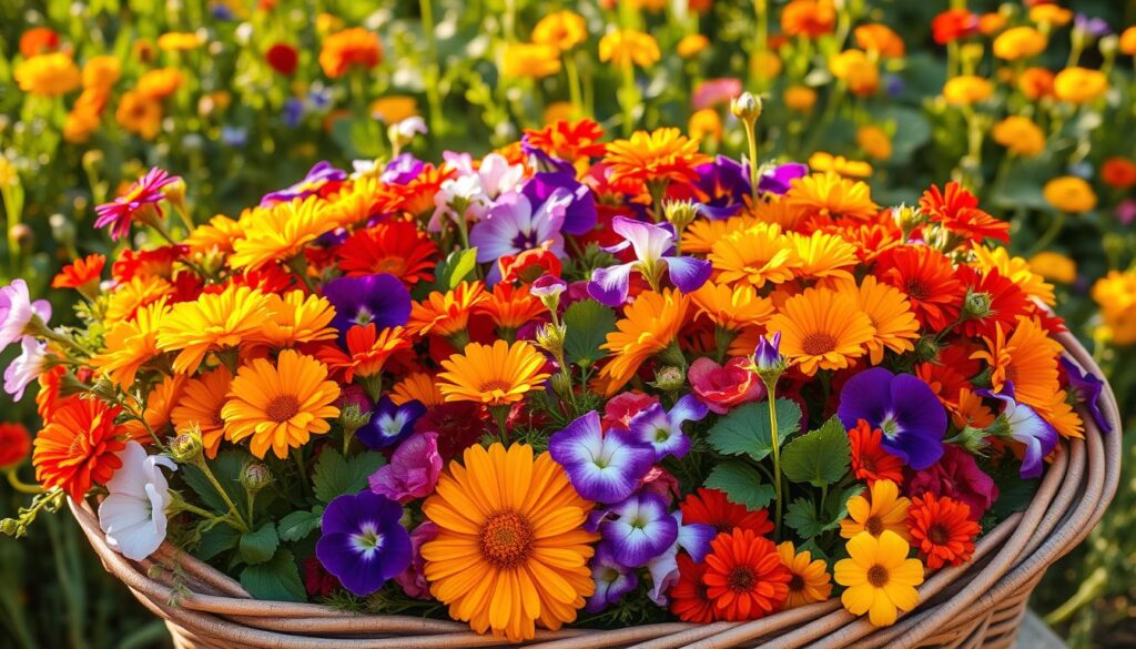 Lush field of vibrant, freshly harvested edible flowers - marigolds, nasturtiums, violets, and more - arranged in a rustic wicker basket, warm sunlight streaming in from the side, creating soft shadows and highlights. The flowers are at the peak of their bloom, petals glistening with morning dew. The composition has a sense of natural abundance and abundance, inviting the viewer to appreciate the beauty and versatility of homegrown edible florals. Captured with a wide-angle lens to emphasize the bountiful, artisanal quality of the harvest. Lush field of vibrant, freshly harvested edible flowers - marigolds, nasturtiums, violets, and more - arranged in a rustic wicker basket, warm sunlight streaming in from the side, creating soft shadows and highlights. The flowers are at the peak of their bloom, petals glistening with morning dew. The composition has a sense of natural abundance and abundance, inviting the viewer to appreciate the beauty and versatility of homegrown edible florals. Captured with a wide-angle lens to emphasize the bountiful, artisanal quality of the harvest.