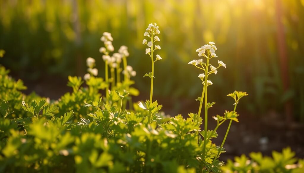Lush, verdant cilantro plants in the foreground, their leaves a vibrant green. In the middle ground, the plants begin to bolt, their slender stems reaching skyward, adorned with delicate white flowers. The background bathes in the warm glow of the sun, casting a golden hue over the scene. Soft, directional lighting illuminates the plants from the side, accentuating their textures and forms. The overall mood is one of growth, transition, and the dynamic cycle of a plant's life, as the cilantro responds to the heat and lengthening days. Lush, verdant cilantro plants in the foreground, their leaves a vibrant green. In the middle ground, the plants begin to bolt, their slender stems reaching skyward, adorned with delicate white flowers. The background bathes in the warm glow of the sun, casting a golden hue over the scene. Soft, directional lighting illuminates the plants from the side, accentuating their textures and forms. The overall mood is one of growth, transition, and the dynamic cycle of a plant's life, as the cilantro responds to the heat and lengthening days.