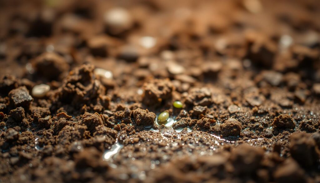 Moist, nutrient-rich soil in earthy tones, with a slight glistening texture. The foreground reveals a close-up view, showcasing the intricate details of the soil's structure, with visible organic matter and a subtle, inviting dampness. The middle ground introduces a few small, germinating seeds, gently nestled within the moisture-laden substrate. The background subtly fades into a softly diffused, natural lighting environment, evoking a sense of growth and vitality. The overall composition conveys the importance of providing the ideal moisture conditions for successful seed germination. Moist, nutrient-rich soil in earthy tones, with a slight glistening texture. The foreground reveals a close-up view, showcasing the intricate details of the soil's structure, with visible organic matter and a subtle, inviting dampness. The middle ground introduces a few small, germinating seeds, gently nestled within the moisture-laden substrate. The background subtly fades into a softly diffused, natural lighting environment, evoking a sense of growth and vitality. The overall composition conveys the importance of providing the ideal moisture conditions for successful seed germination.