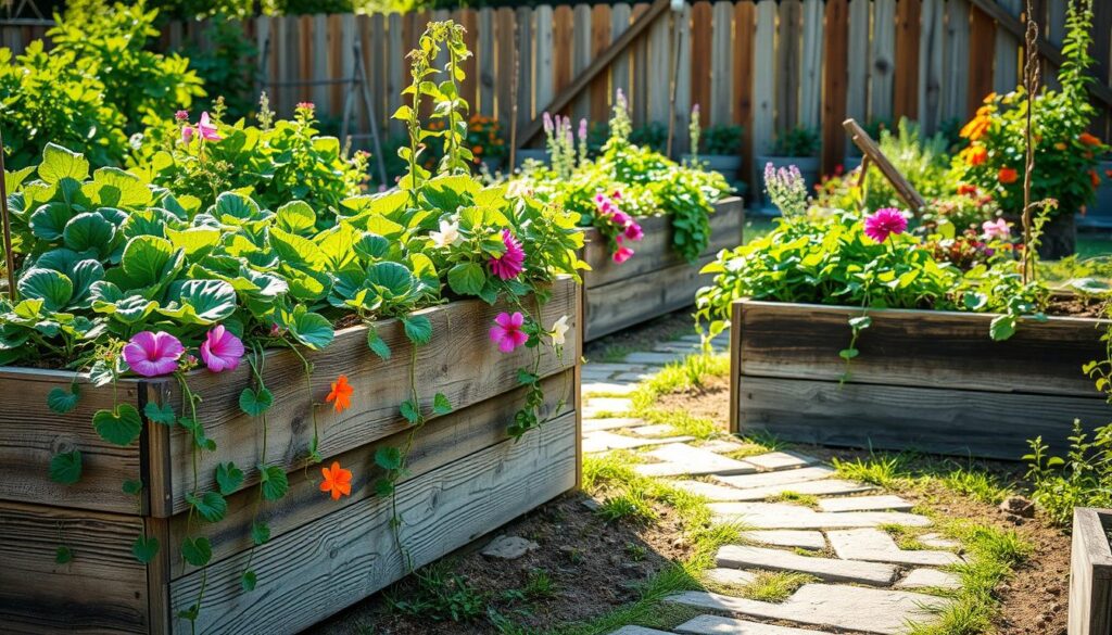 Raised bed garden filled with lush green leafy vegetables, vibrant flowers, and aromatic herbs, bathed in warm natural lighting. The beds are constructed with weathered wooden planks, creating a rustic, inviting aesthetic. Trailing vines and cascading blooms spill over the edges, adding a whimsical touch. In the foreground, a winding stone path leads the viewer through the verdant landscape, inviting exploration. The background features a picturesque wooden fence, blending seamlessly with the earthy, organic feel. This idyllic scene exudes a sense of tranquility and abundance, perfectly capturing the joy of growing your own edible oasis. Raised bed garden filled with lush green leafy vegetables, vibrant flowers, and aromatic herbs, bathed in warm natural lighting. The beds are constructed with weathered wooden planks, creating a rustic, inviting aesthetic. Trailing vines and cascading blooms spill over the edges, adding a whimsical touch. In the foreground, a winding stone path leads the viewer through the verdant landscape, inviting exploration. The background features a picturesque wooden fence, blending seamlessly with the earthy, organic feel. This idyllic scene exudes a sense of tranquility and abundance, perfectly capturing the joy of growing your own edible oasis.