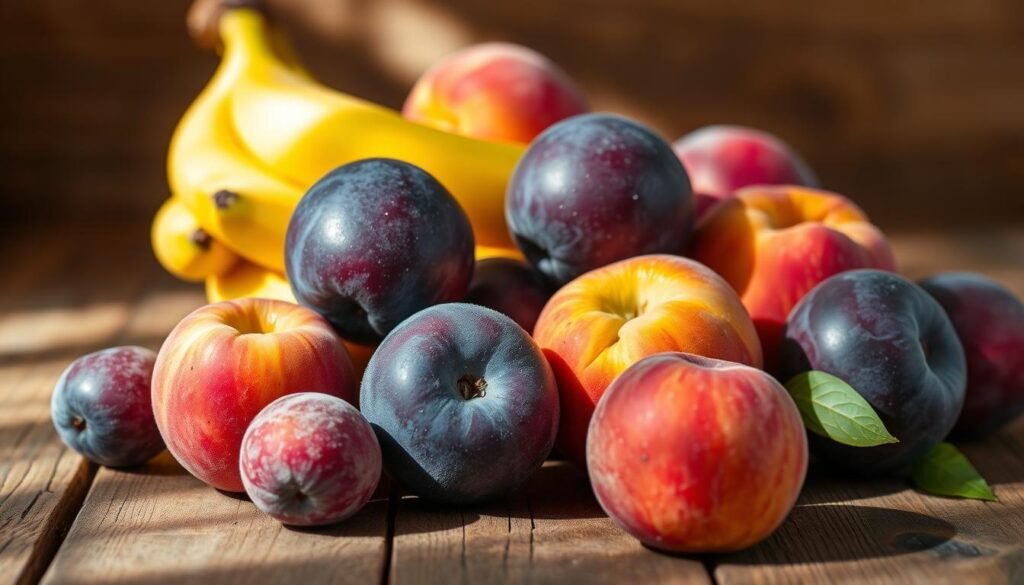 Ripe plums, fuzzy peaches, and bright yellow bananas, arranged in a harmonious still life on a rustic wooden table. Soft natural light filters through the scene, casting gentle shadows and highlighting the vibrant colors and textures of the fruits. The composition is balanced, with the larger plums and peaches in the foreground and the slender banana in the middle ground. The background is softly blurred, creating a sense of depth and focus on the delectable produce. An inviting, earthy atmosphere, evocative of a bountiful harvest and the pleasures of homegrown fruits.
