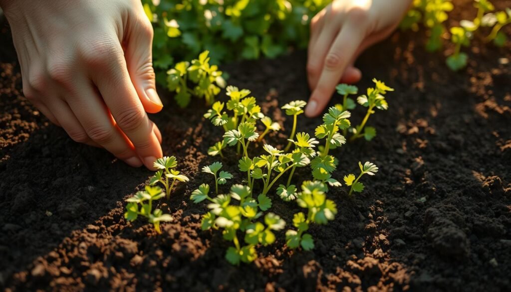 Sowing cilantro seeds in a well-lit garden bed, close-up view from above. Delicate green cilantro seedlings emerging from rich, dark soil, illuminated by warm, golden sunlight filtering through lush foliage. Hands carefully placing individual seeds into the prepared earth, spacing them evenly. A sense of nurturing care and anticipation as the young plants take root, ready to grow into a bountiful cilantro harvest. Sowing cilantro seeds in a well-lit garden bed, close-up view from above. Delicate green cilantro seedlings emerging from rich, dark soil, illuminated by warm, golden sunlight filtering through lush foliage. Hands carefully placing individual seeds into the prepared earth, spacing them evenly. A sense of nurturing care and anticipation as the young plants take root, ready to grow into a bountiful cilantro harvest.