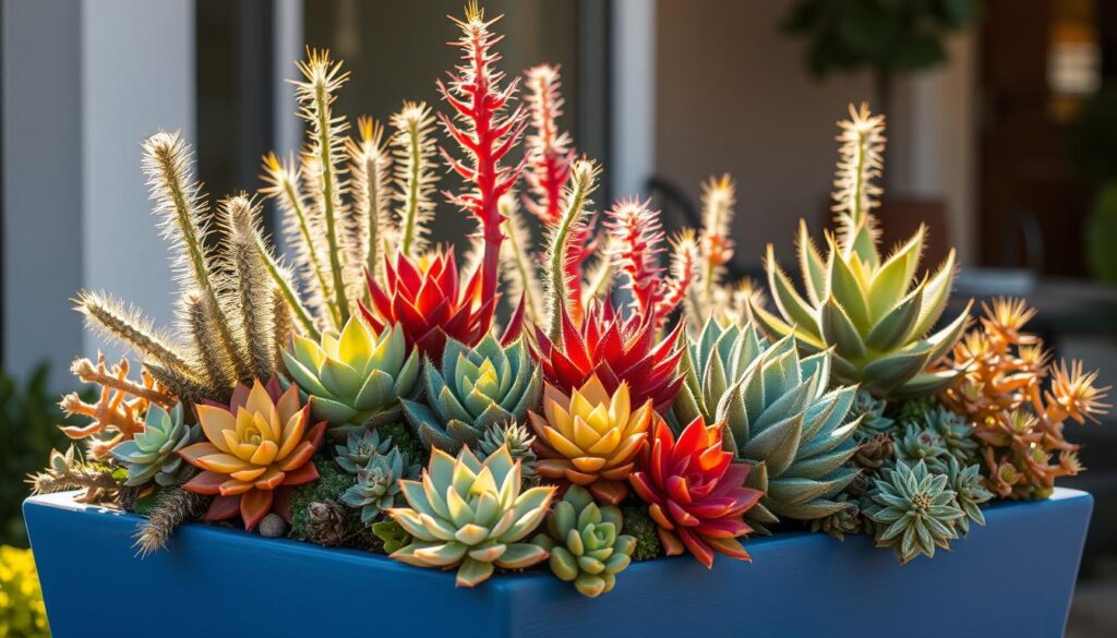 Vibrant drought-resistant plants in a patriotic red, white, and blue container. Succulents, cacti, and other heat-loving species arranged artfully, creating a stunning display. Warm, golden sunlight filters through, casting dramatic shadows. The textured foliage and geometric shapes add visual interest. A clean, minimalist composition emphasizes the natural beauty of the plants. The overall scene evokes a sense of resilience and summer charm, perfect for an Independence Day celebration. Vibrant drought-resistant plants in a patriotic red, white, and blue container. Succulents, cacti, and other heat-loving species arranged artfully, creating a stunning display. Warm, golden sunlight filters through, casting dramatic shadows. The textured foliage and geometric shapes add visual interest. A clean, minimalist composition emphasizes the natural beauty of the plants. The overall scene evokes a sense of resilience and summer charm, perfect for an Independence Day celebration.
