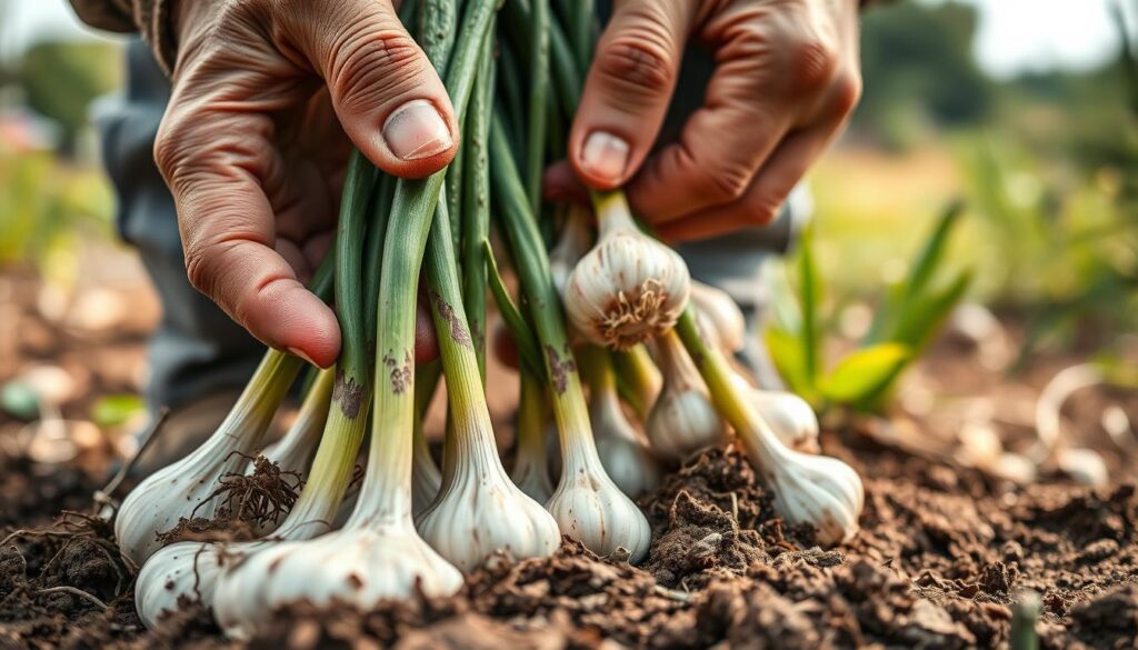 a beautifully detailed close-up photograph of garlic bulbs being expertly harvested, showcasing the process of "garlic control" in a home garden setting. The foreground features the unearthed garlic with its vibrant green stems and pale bulbs, arranged in a visually striking composition. The middle ground shows weathered hands gently lifting the garlic, with a warm, earthy tone reflecting the care and attention given to the task. The background blurs into a soft, natural landscape, hinting at the lush companion plants surrounding the garlic. The image is captured with a shallow depth of field, using natural lighting to accentuate the textures and colors of the produce. The overall mood conveys a sense of accomplishment, harmony, and the importance of proper herb companion cultivation. a beautifully detailed close-up photograph of garlic bulbs being expertly harvested, showcasing the process of "garlic control" in a home garden setting. The foreground features the unearthed garlic with its vibrant green stems and pale bulbs, arranged in a visually striking composition. The middle ground shows weathered hands gently lifting the garlic, with a warm, earthy tone reflecting the care and attention given to the task. The background blurs into a soft, natural landscape, hinting at the lush companion plants surrounding the garlic. The image is captured with a shallow depth of field, using natural lighting to accentuate the textures and colors of the produce. The overall mood conveys a sense of accomplishment, harmony, and the importance of proper herb companion cultivation.