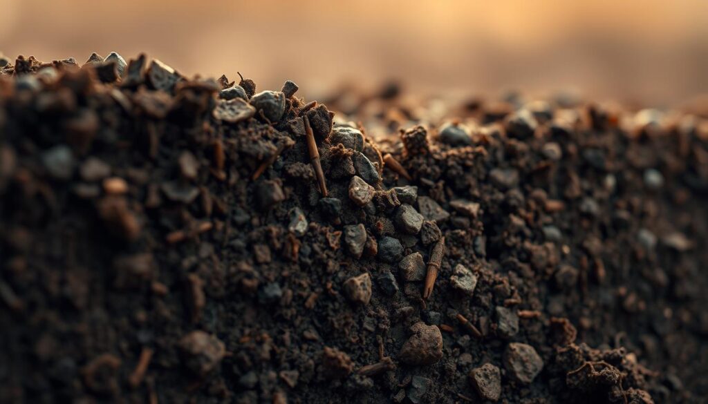 a highly detailed, close-up view of the intricate structure and texture of soil, showcased in a naturalistic, earthy tone. The foreground depicts the cross-section of soil layers, revealing the complex network of organic matter, minerals, and microscopic life forms. The middle ground highlights the aggregation of soil particles, creating a visually striking pattern of shapes and shades. The background softly blends into a warm, neutral palette, evoking a sense of depth and grounding. Subtle variations in lighting and depth of field bring out the nuances of the soil's composition, inviting the viewer to appreciate the hidden complexity and potential of this fundamental natural resource. a highly detailed, close-up view of the intricate structure and texture of soil, showcased in a naturalistic, earthy tone. The foreground depicts the cross-section of soil layers, revealing the complex network of organic matter, minerals, and microscopic life forms. The middle ground highlights the aggregation of soil particles, creating a visually striking pattern of shapes and shades. The background softly blends into a warm, neutral palette, evoking a sense of depth and grounding. Subtle variations in lighting and depth of field bring out the nuances of the soil's composition, inviting the viewer to appreciate the hidden complexity and potential of this fundamental natural resource.