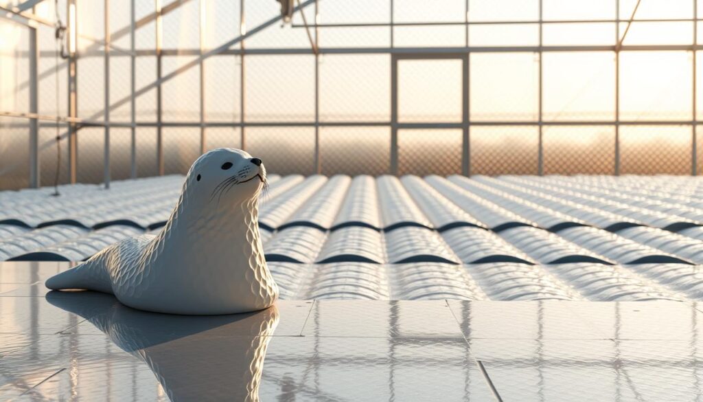 a reflective north wall of a greenhouse, with a foreground of a seal-shaped bubble wrap insulation panel, casting a soft, glowing reflection on the surface. The middle ground features a seamless, interlocking grid of additional bubble wrap panels, arranged in a repeating pattern. The background showcases a minimalist, clean-lined greenhouse structure, with sharp architectural lines and neutral tones that complement the reflective qualities of the bubble wrap. Bright, diffused natural lighting filters in from the left, creating a warm, inviting atmosphere and highlighting the textural details of the materials. The overall scene conveys a sense of practical, cost-effective insulation solutions for greenhouses in the winter. a reflective north wall of a greenhouse, with a foreground of a seal-shaped bubble wrap insulation panel, casting a soft, glowing reflection on the surface. The middle ground features a seamless, interlocking grid of additional bubble wrap panels, arranged in a repeating pattern. The background showcases a minimalist, clean-lined greenhouse structure, with sharp architectural lines and neutral tones that complement the reflective qualities of the bubble wrap. Bright, diffused natural lighting filters in from the left, creating a warm, inviting atmosphere and highlighting the textural details of the materials. The overall scene conveys a sense of practical, cost-effective insulation solutions for greenhouses in the winter.