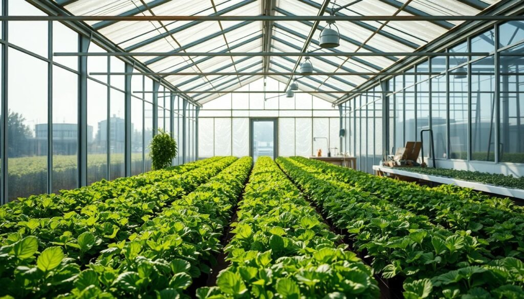 a serene greenhouse interior, with sunlight streaming through pristine glass panels and illuminating rows of thriving plants. The foreground features a variety of lush, verdant foliage in various shades of green, meticulously cared for. In the middle ground, the glass panels are seamlessly integrated, creating a sense of openness and connection to the outside environment. The background showcases a clean, organized workspace, with tools and equipment neatly arranged, suggesting a well-maintained and efficient greenhouse operation. The overall atmosphere is one of tranquility, order, and the harmonious coexistence of nature and human stewardship.