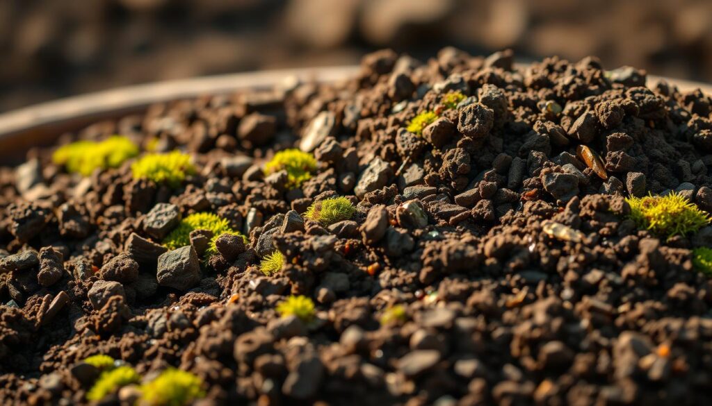 A beautifully composed close-up of a freshly mixed batch of organic potting soil. The foreground showcases a rich, dark blend of loamy topsoil, aged compost, and natural peat moss, meticulously blended to create a nutrient-dense growing medium. Subtle highlights from the warm, natural lighting reveal the inviting, crumbly texture, hinting at the vibrant life within. The middle ground features an array of earthly tones, with flecks of verdant moss and decomposing organic matter, while the background fades into a softly blurred, earthy backdrop, creating a sense of depth and natural harmony. The overall mood is one of wholesome abundance, reflecting the nourishing potential of this homemade potting soil mix. A beautifully composed close-up of a freshly mixed batch of organic potting soil. The foreground showcases a rich, dark blend of loamy topsoil, aged compost, and natural peat moss, meticulously blended to create a nutrient-dense growing medium. Subtle highlights from the warm, natural lighting reveal the inviting, crumbly texture, hinting at the vibrant life within. The middle ground features an array of earthly tones, with flecks of verdant moss and decomposing organic matter, while the background fades into a softly blurred, earthy backdrop, creating a sense of depth and natural harmony. The overall mood is one of wholesome abundance, reflecting the nourishing potential of this homemade potting soil mix.