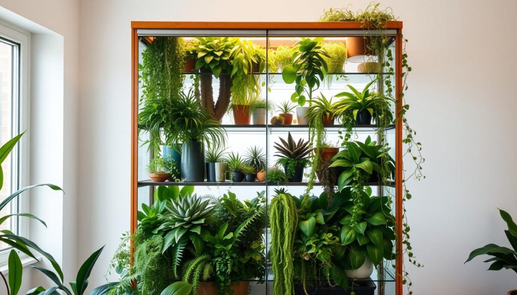A beautifully curated IKEA greenhouse cabinet, its sleek glass enclosure gleaming under soft, natural lighting. Lush, verdant plants cascade from the shelves, their vibrant foliage creating a serene, botanical oasis. The cabinet's minimalist silhouette is accentuated by warm wood accents, blending seamlessly with the abundance of thriving greenery. A meticulously arranged selection of succulents, ferns, and trailing vines spill over the edges, infusing the scene with a sense of wild, untamed beauty. The overall composition evokes a plant lover's dream, a harmonious fusion of modern design and nature's abundant grace. A beautifully curated IKEA greenhouse cabinet, its sleek glass enclosure gleaming under soft, natural lighting. Lush, verdant plants cascade from the shelves, their vibrant foliage creating a serene, botanical oasis. The cabinet's minimalist silhouette is accentuated by warm wood accents, blending seamlessly with the abundance of thriving greenery. A meticulously arranged selection of succulents, ferns, and trailing vines spill over the edges, infusing the scene with a sense of wild, untamed beauty. The overall composition evokes a plant lover's dream, a harmonious fusion of modern design and nature's abundant grace.