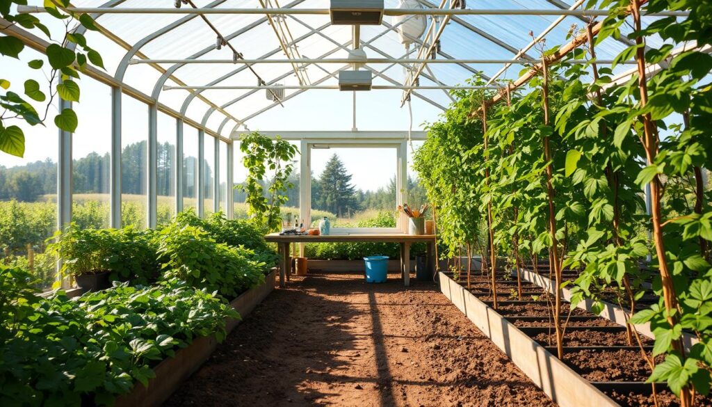 A bright, airy greenhouse filled with lush greenery and flourishing plants. The foreground showcases an organized setup with raised planting beds, pruned vines climbing trellis structures, and a central workbench equipped with gardening tools. Mid-frame, a row of large windows allows natural light to pour in, casting warm shadows on the soil-enriched floor. In the background, glimpses of verdant outdoor gardens and a clear blue sky beyond create a serene, productive atmosphere. Strategically placed grow lights and mist systems optimize the environment for maximum plant growth and health, enabling a thriving indoor oasis for cultivating a variety of profitable crops. A bright, airy greenhouse filled with lush greenery and flourishing plants. The foreground showcases an organized setup with raised planting beds, pruned vines climbing trellis structures, and a central workbench equipped with gardening tools. Mid-frame, a row of large windows allows natural light to pour in, casting warm shadows on the soil-enriched floor. In the background, glimpses of verdant outdoor gardens and a clear blue sky beyond create a serene, productive atmosphere. Strategically placed grow lights and mist systems optimize the environment for maximum plant growth and health, enabling a thriving indoor oasis for cultivating a variety of profitable crops.
