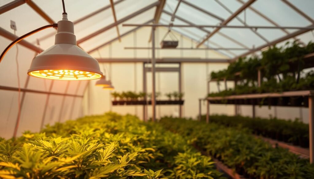 A bright, well-lit greenhouse interior with lush, thriving plants. In the foreground, a heat lamp or grow light casts a warm, even glow over the plants, illuminating their vibrant foliage. In the middle ground, shelves or racks of plants are bathed in the soft, diffused light, creating a balanced, harmonious scene. The background features the greenhouse structure, with translucent panels or windows allowing natural daylight to filter in, creating a balanced lighting setup. The overall atmosphere is one of calm, controlled growth, with the plants appearing healthy and content under the carefully curated lighting conditions.