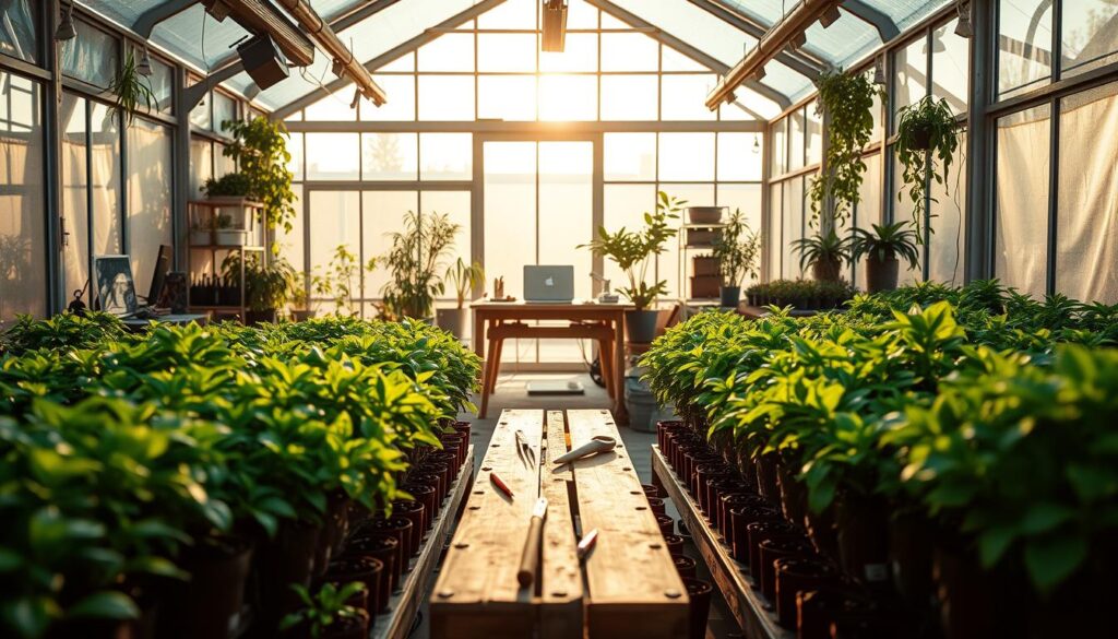 A bustling greenhouse, its glass panels gleaming in the warm afternoon light. In the foreground, row upon row of thriving potted plants - vibrant greens, bursts of color, the air filled with the earthy scent of soil and new growth. At the center, a well-worn wooden workbench, tools and supplies neatly organized, a testament to the care and attention poured into this small but thriving enterprise. In the background, a sleek, modern office space, with a laptop and files scattered across a minimalist desk, hinting at the seamless integration of business and passion. The overall atmosphere is one of productivity, professionalism, and the pride of transforming a beloved hobby into a successful, sustainable venture. A bustling greenhouse, its glass panels gleaming in the warm afternoon light. In the foreground, row upon row of thriving potted plants - vibrant greens, bursts of color, the air filled with the earthy scent of soil and new growth. At the center, a well-worn wooden workbench, tools and supplies neatly organized, a testament to the care and attention poured into this small but thriving enterprise. In the background, a sleek, modern office space, with a laptop and files scattered across a minimalist desk, hinting at the seamless integration of business and passion. The overall atmosphere is one of productivity, professionalism, and the pride of transforming a beloved hobby into a successful, sustainable venture.