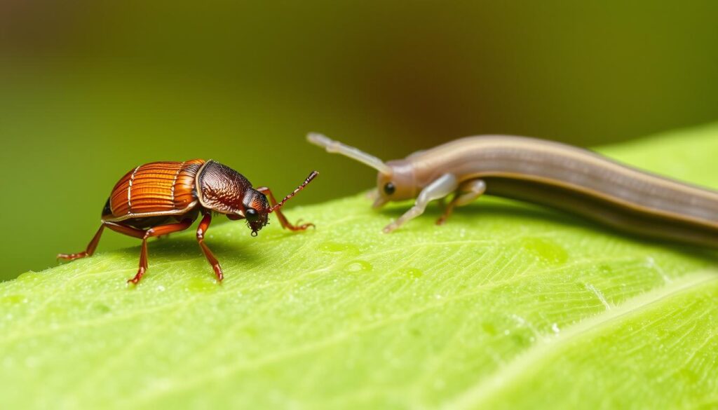A close-up, high-resolution image of a leaf or plant stem, captured with a macro lens in soft, natural lighting. In the foreground, a small, bronze-colored flea beetle is clearly visible, its textured exoskeleton and jumping legs on display. In the middle ground, a grey, slimy slug is seen inching across the surface, leaving a glistening trail behind it. The background is blurred, emphasizing the focus on the pests. The overall tone is informative and educational, inviting the viewer to closely examine the distinctive features of these common garden invaders.