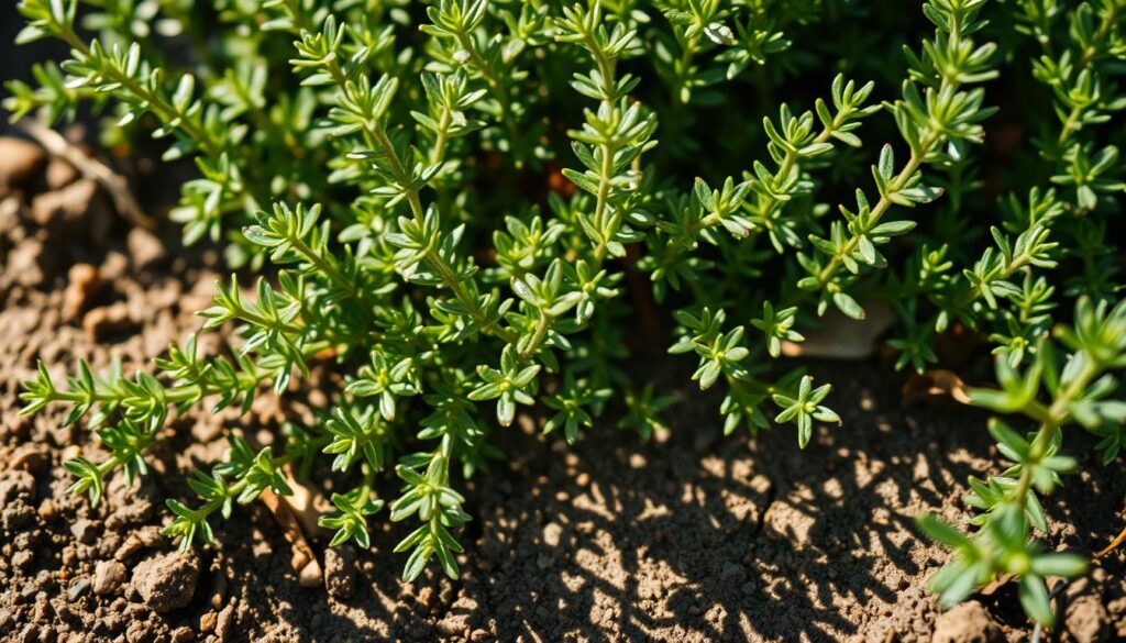 A close-up photograph of a lush, verdant thyme plant, its tiny, needle-like leaves glistening with morning dew. The plant is shown growing amongst a mix of other low-growing, drought-tolerant herbs, casting delicate shadows on the earthy, well-drained soil beneath. The lighting is soft and diffused, creating a serene, natural atmosphere. The composition emphasizes the plant's resilience and ability to thrive in challenging conditions, capturing its role as a hardy, protective companion for nightshades and brassicas in the vegetable garden. The image conveys a sense of tranquility, reinforcing thyme's reputation as a calming, versatile herb.