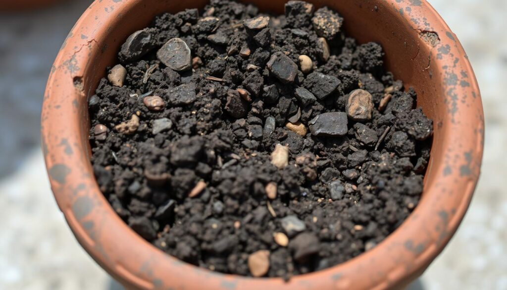 A close-up photograph of a small terracotta pot filled with old, used potting soil. The soil is a mottled mixture of dark brown, gray, and earthy tones, with visible bits of decomposed organic matter and small pebbles. The texture appears slightly compacted and slightly dry. The pot is weathered and has a rustic, aged appearance, with subtle cracks and discoloration on the surface. The lighting is soft and natural, creating gentle shadows that accentuate the soil's texture and the pot's uneven surface. The composition is tightly framed, filling the frame with the details of the old potting soil, creating a sense of focus and attention on the subject matter. A close-up photograph of a small terracotta pot filled with old, used potting soil. The soil is a mottled mixture of dark brown, gray, and earthy tones, with visible bits of decomposed organic matter and small pebbles. The texture appears slightly compacted and slightly dry. The pot is weathered and has a rustic, aged appearance, with subtle cracks and discoloration on the surface. The lighting is soft and natural, creating gentle shadows that accentuate the soil's texture and the pot's uneven surface. The composition is tightly framed, filling the frame with the details of the old potting soil, creating a sense of focus and attention on the subject matter.