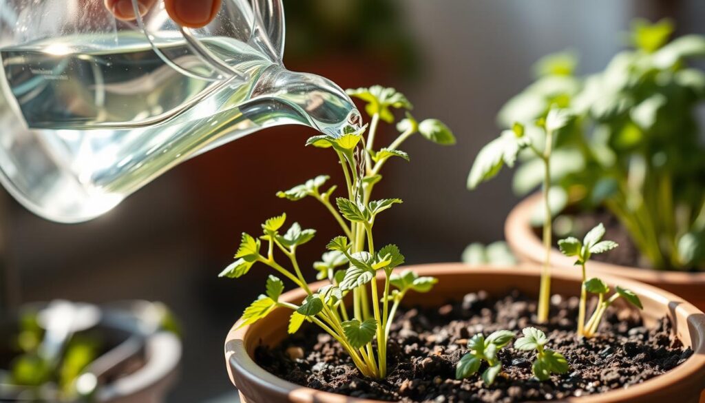 A close-up shot of a hand gently pouring water from a glass watering can onto the soil of a potted herb plant. The light is soft and natural, creating a warm, nurturing atmosphere. The plant's vibrant green leaves and delicate stems are in sharp focus, conveying the care and attention required for successful container herb gardening in small urban spaces. The background is blurred, keeping the emphasis on the act of watering and the plant's needs. The composition is balanced and the angle is slightly elevated, giving the viewer a sense of intimacy with the gardening process. A close-up shot of a hand gently pouring water from a glass watering can onto the soil of a potted herb plant. The light is soft and natural, creating a warm, nurturing atmosphere. The plant's vibrant green leaves and delicate stems are in sharp focus, conveying the care and attention required for successful container herb gardening in small urban spaces. The background is blurred, keeping the emphasis on the act of watering and the plant's needs. The composition is balanced and the angle is slightly elevated, giving the viewer a sense of intimacy with the gardening process.
