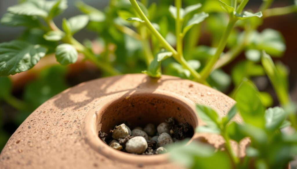A close-up view of a clay pot's drainage hole, filled with pebbles and soil, against a blurred background of lush green leaves and stems. Soft, natural lighting illuminates the textured surface, highlighting the importance of proper drainage for healthy herb growth in container gardening. The image conveys a sense of tranquility and attention to detail, reflecting the care and thought required to create a thriving urban herb garden. A close-up view of a clay pot's drainage hole, filled with pebbles and soil, against a blurred background of lush green leaves and stems. Soft, natural lighting illuminates the textured surface, highlighting the importance of proper drainage for healthy herb growth in container gardening. The image conveys a sense of tranquility and attention to detail, reflecting the care and thought required to create a thriving urban herb garden.