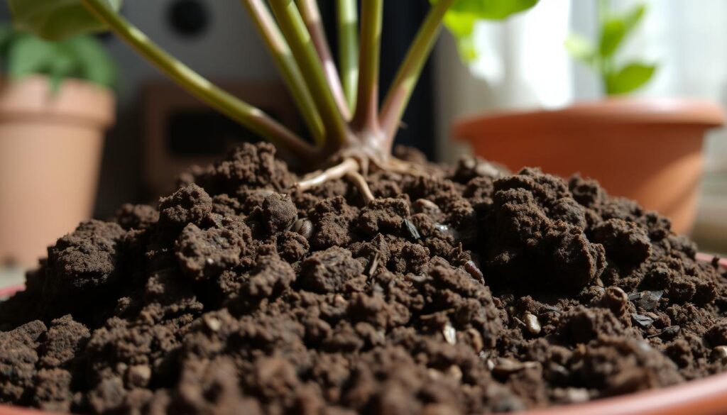 A close-up view of a potted plant's soil, with visible problems such as compaction, poor drainage, and excessive dryness. The foreground shows the soil's dense, clumped texture, with visible air pockets and a dull, lifeless color. In the middle ground, the plant's roots are partially exposed, struggling to penetrate the compact soil. The background is blurred, suggesting a dimly lit indoor setting, conveying a sense of neglect and suboptimal growing conditions. The image is captured with a shallow depth of field, using natural lighting to create shadows and highlights that accentuate the soil's texture and the plant's distress. A close-up view of a potted plant's soil, with visible problems such as compaction, poor drainage, and excessive dryness. The foreground shows the soil's dense, clumped texture, with visible air pockets and a dull, lifeless color. In the middle ground, the plant's roots are partially exposed, struggling to penetrate the compact soil. The background is blurred, suggesting a dimly lit indoor setting, conveying a sense of neglect and suboptimal growing conditions. The image is captured with a shallow depth of field, using natural lighting to create shadows and highlights that accentuate the soil's texture and the plant's distress.