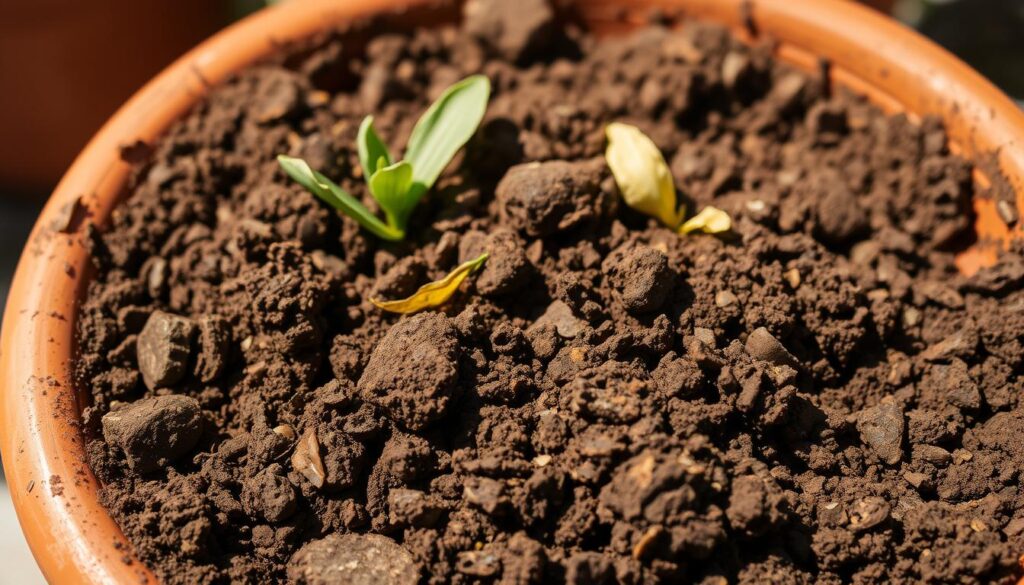 A close-up view of old, weathered potting soil in a terracotta planter. The soil is a rich, earthy brown with visible decomposing organic matter and signs of compaction. The foreground showcases the soil's texture, with visible clumps and tiny air pockets. The middle ground features wilted, yellowing herb leaves peeking out from the soil, hinting at the poor growing conditions. The background is slightly blurred, creating a sense of focus on the deteriorating potting mix. Warm, natural lighting casts soft shadows across the scene, emphasizing the soil's depth and complexity. The overall mood is one of neglect and the need for rejuvenation. A close-up view of old, weathered potting soil in a terracotta planter. The soil is a rich, earthy brown with visible decomposing organic matter and signs of compaction. The foreground showcases the soil's texture, with visible clumps and tiny air pockets. The middle ground features wilted, yellowing herb leaves peeking out from the soil, hinting at the poor growing conditions. The background is slightly blurred, creating a sense of focus on the deteriorating potting mix. Warm, natural lighting casts soft shadows across the scene, emphasizing the soil's depth and complexity. The overall mood is one of neglect and the need for rejuvenation.