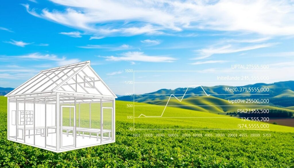 A comprehensive cost breakdown for a solar-powered greenhouse, showcasing the upfront investment, ongoing operating expenses, and long-term lifespan. The foreground features a detailed blueprint of the greenhouse structure, highlighting its intricate design and various components. The middle ground displays a line graph visualizing the cost categories over time, with clear delineations between initial setup, maintenance, and energy savings. In the background, a serene landscape with rolling hills and a vibrant blue sky sets the stage, conveying a sense of sustainability and environmental harmony. The lighting is natural and diffused, casting soft shadows that accentuate the structural details. The overall mood is informative and visually engaging, inviting the viewer to explore the cost-benefit analysis of this greenhouse investment. A comprehensive cost breakdown for a solar-powered greenhouse, showcasing the upfront investment, ongoing operating expenses, and long-term lifespan. The foreground features a detailed blueprint of the greenhouse structure, highlighting its intricate design and various components. The middle ground displays a line graph visualizing the cost categories over time, with clear delineations between initial setup, maintenance, and energy savings. In the background, a serene landscape with rolling hills and a vibrant blue sky sets the stage, conveying a sense of sustainability and environmental harmony. The lighting is natural and diffused, casting soft shadows that accentuate the structural details. The overall mood is informative and visually engaging, inviting the viewer to explore the cost-benefit analysis of this greenhouse investment.
