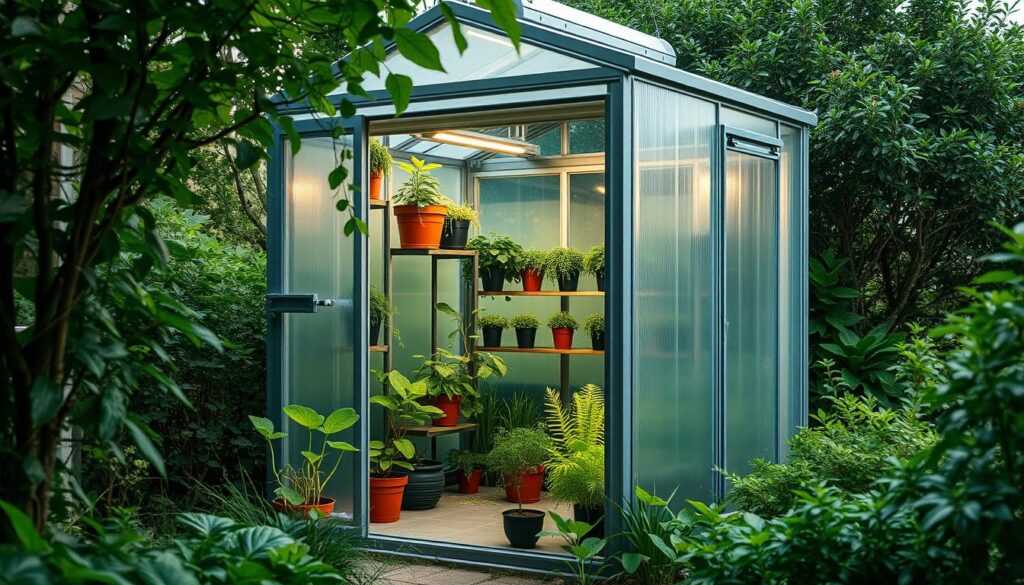 A cozy and efficient space-saving greenhouse nestled in a lush, verdant setting. The structure features a compact, modular design with sleek, transparent panels that maximize natural light and airflow. Hanging baskets, tiered shelving, and vertical growing systems allow for bountiful plant arrangements within a limited footprint. Soft, diffused lighting casts a warm glow, creating an inviting atmosphere for tending to a variety of thriving greenery. The greenhouse is seamlessly integrated into the surrounding landscape, blending harmonious natural elements with modern, space-saving solutions. A cozy and efficient space-saving greenhouse nestled in a lush, verdant setting. The structure features a compact, modular design with sleek, transparent panels that maximize natural light and airflow. Hanging baskets, tiered shelving, and vertical growing systems allow for bountiful plant arrangements within a limited footprint. Soft, diffused lighting casts a warm glow, creating an inviting atmosphere for tending to a variety of thriving greenery. The greenhouse is seamlessly integrated into the surrounding landscape, blending harmonious natural elements with modern, space-saving solutions.