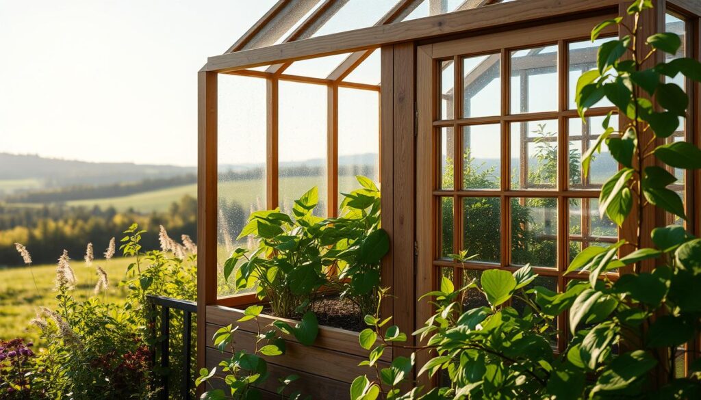 A cozy and inviting mini greenhouse nestled in a lush garden, its glass panes catching the warm glow of the afternoon sun. Verdant plants thrive within, their leaves gently swaying in the soft breeze. The greenhouse's wooden frame casts dynamic shadows, creating a sense of depth and movement. In the background, a serene landscape unfolds, with rolling hills and a distant tree line. The scene conveys a feeling of tranquility and the joy of cultivating a vibrant, self-sustaining ecosystem, even in the face of changing seasons. A cozy and inviting mini greenhouse nestled in a lush garden, its glass panes catching the warm glow of the afternoon sun. Verdant plants thrive within, their leaves gently swaying in the soft breeze. The greenhouse's wooden frame casts dynamic shadows, creating a sense of depth and movement. In the background, a serene landscape unfolds, with rolling hills and a distant tree line. The scene conveys a feeling of tranquility and the joy of cultivating a vibrant, self-sustaining ecosystem, even in the face of changing seasons.