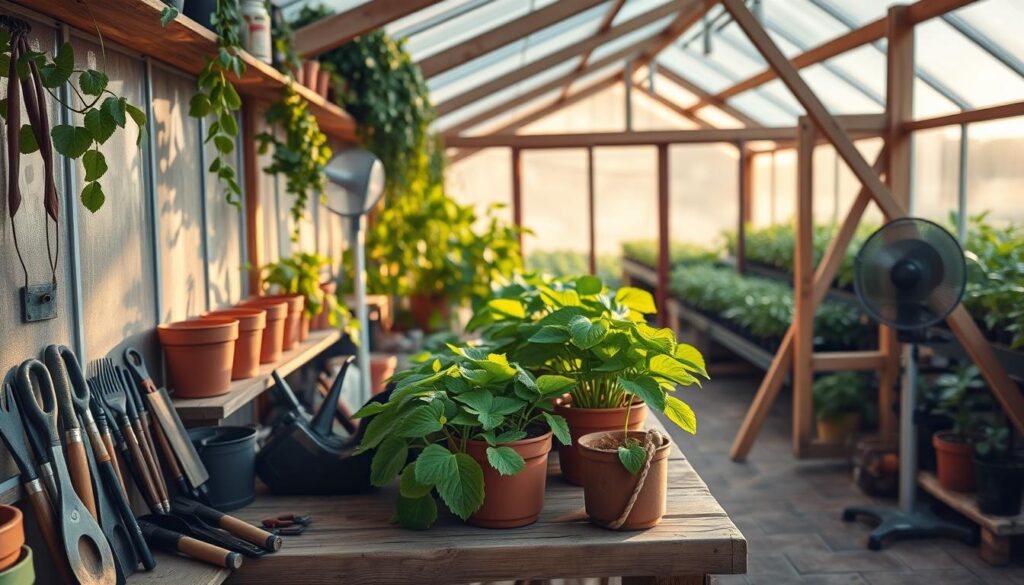 A cozy and well-equipped greenhouse with lush greenery and essential tools. In the foreground, neatly organized gardening implements like trowels, pruners, and watering cans sit on a rustic wooden potting bench. Vibrant leafy plants in terracotta pots line the shelves, basking in the warm, golden glow of natural sunlight filtering through the glass panes. In the middle ground, a compact heater and a small oscillating fan maintain the ideal climate for year-round cultivation. The background showcases an expansive growing space with ample room for a variety of thriving crops, complemented by a minimalist wooden A-frame structure that maximizes vertical space. A cozy and well-equipped greenhouse with lush greenery and essential tools. In the foreground, neatly organized gardening implements like trowels, pruners, and watering cans sit on a rustic wooden potting bench. Vibrant leafy plants in terracotta pots line the shelves, basking in the warm, golden glow of natural sunlight filtering through the glass panes. In the middle ground, a compact heater and a small oscillating fan maintain the ideal climate for year-round cultivation. The background showcases an expansive growing space with ample room for a variety of thriving crops, complemented by a minimalist wooden A-frame structure that maximizes vertical space.