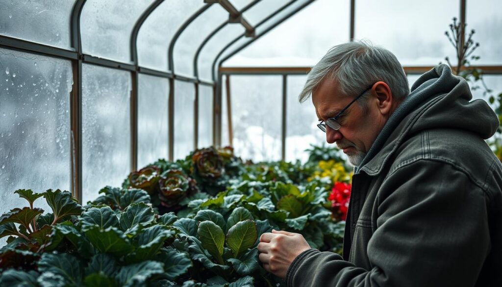 A cozy greenhouse in winter, with leafy greens flourishing despite the chill. Condensation clings to the glass panes, casting a soft, diffused light across the lush foliage. In the foreground, a gardener examines a plant, brow furrowed as they consider the challenges of maintaining robust growth in the cold. The middle ground showcases a variety of vibrant, healthy produce - kale, spinach, and other hardy greens. In the background, a snowstorm rages outside, the howling wind and swirling flakes a stark contrast to the serene, climate-controlled haven. An air of determination and problem-solving permeates the scene, capturing the spirit of overcoming winter's obstacles to reap a bountiful harvest. A cozy greenhouse in winter, with leafy greens flourishing despite the chill. Condensation clings to the glass panes, casting a soft, diffused light across the lush foliage. In the foreground, a gardener examines a plant, brow furrowed as they consider the challenges of maintaining robust growth in the cold. The middle ground showcases a variety of vibrant, healthy produce - kale, spinach, and other hardy greens. In the background, a snowstorm rages outside, the howling wind and swirling flakes a stark contrast to the serene, climate-controlled haven. An air of determination and problem-solving permeates the scene, capturing the spirit of overcoming winter's obstacles to reap a bountiful harvest.