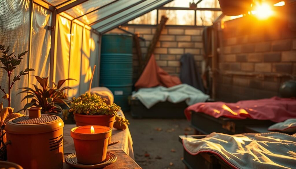 A cozy greenhouse interior bathed in warm, golden light. In the foreground, a selection of affordable, low-tech heating solutions - from a small electric space heater to a terracotta pot with a candle nestled inside. Midground showcases an array of emergency thermal blankets draped over plant beds, reflecting the sunlight to maximize warmth. In the background, a wall of insulating mass such as water barrels or masonry helps retain heat. The overall atmosphere is one of ingenious simplicity, inviting the viewer to consider eco-friendly, budget-friendly greenhouse heating options.