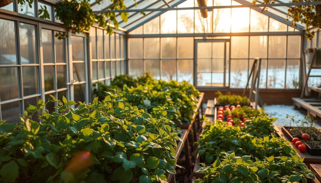 A cozy greenhouse nestled amidst the changing seasons, its glass panes aglow with warm, golden light. In the foreground, lush plants thrive, their vibrant foliage casting soft shadows. The middle ground features neatly arranged garden beds, brimming with a variety of seasonal crops - leafy greens, plump tomatoes, and fragrant herbs. Beyond, the background reveals the transition of the seasons, with autumnal trees outside the greenhouse's walls or a light dusting of snow, depending on the time of year. The scene evokes a sense of productivity, comfort, and the beauty of nature's cycles, perfectly capturing the essence of year-round greenhouse cultivation. A cozy greenhouse nestled amidst the changing seasons, its glass panes aglow with warm, golden light. In the foreground, lush plants thrive, their vibrant foliage casting soft shadows. The middle ground features neatly arranged garden beds, brimming with a variety of seasonal crops - leafy greens, plump tomatoes, and fragrant herbs. Beyond, the background reveals the transition of the seasons, with autumnal trees outside the greenhouse's walls or a light dusting of snow, depending on the time of year. The scene evokes a sense of productivity, comfort, and the beauty of nature's cycles, perfectly capturing the essence of year-round greenhouse cultivation.