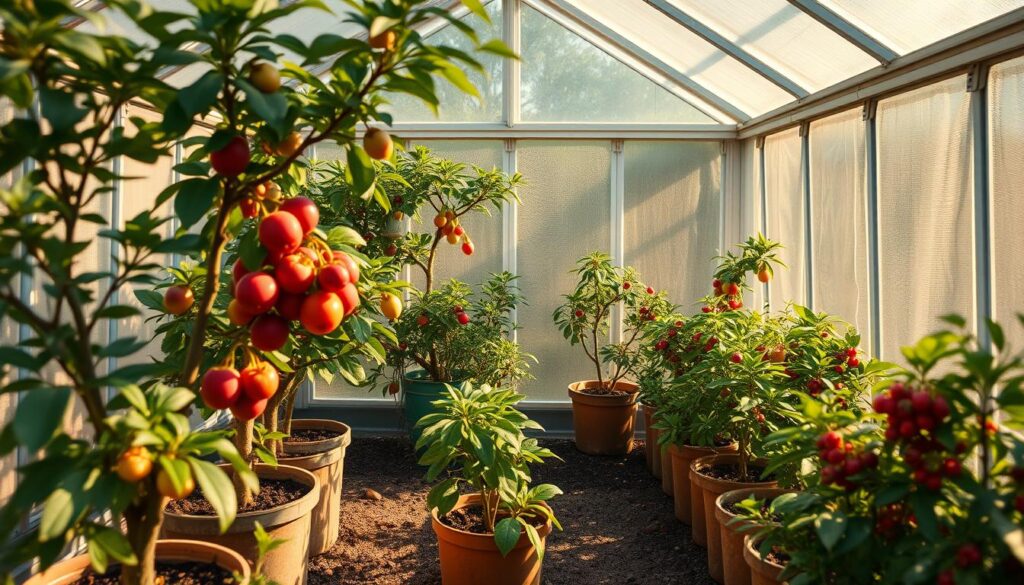 A cozy, sun-drenched mini greenhouse nestled in a lush garden, its transparent walls casting a warm glow. Vibrant dwarf fruit trees and small berry bushes thrive within, their compact shapes bursting with ripe, sweet produce. Soft natural light filters through the glass panels, illuminating the verdant foliage and creating a tranquil, nurturing atmosphere. The greenhouse's tidy, organized layout showcases the bountiful harvest, inviting the viewer to imagine the joys of cultivating a compact, self-sufficient oasis. A wide-angle lens captures the scene, offering a sense of depth and scale to the compact yet abundant greenhouse setting. A cozy, sun-drenched mini greenhouse nestled in a lush garden, its transparent walls casting a warm glow. Vibrant dwarf fruit trees and small berry bushes thrive within, their compact shapes bursting with ripe, sweet produce. Soft natural light filters through the glass panels, illuminating the verdant foliage and creating a tranquil, nurturing atmosphere. The greenhouse's tidy, organized layout showcases the bountiful harvest, inviting the viewer to imagine the joys of cultivating a compact, self-sufficient oasis. A wide-angle lens captures the scene, offering a sense of depth and scale to the compact yet abundant greenhouse setting.