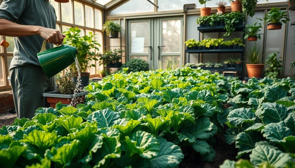 A cozy, well-lit greenhouse interior, with a lush, thriving garden of leafy greens. In the foreground, a gardener tenderly waters a row of vibrant kale plants, their leaves glistening with droplets. Midground, a variety of lettuces, spinach, and Swiss chard stand tall, their leaves unfurling towards the natural light filtering in through large glass panels. The background features a neatly organized shelving system, housing seedlings and gardening tools. The atmosphere is one of serene productivity, with a sense of warmth and care radiating through the scene. A cozy, well-lit greenhouse interior, with a lush, thriving garden of leafy greens. In the foreground, a gardener tenderly waters a row of vibrant kale plants, their leaves glistening with droplets. Midground, a variety of lettuces, spinach, and Swiss chard stand tall, their leaves unfurling towards the natural light filtering in through large glass panels. The background features a neatly organized shelving system, housing seedlings and gardening tools. The atmosphere is one of serene productivity, with a sense of warmth and care radiating through the scene.