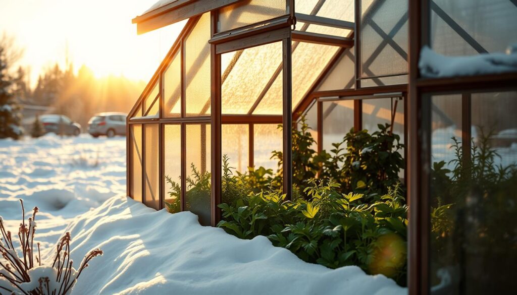 A cozy, well-lit greenhouse nestled amidst a snow-dusted winter landscape. The structure's glass panels catch the low-angled sunlight, casting a warm, golden glow over the lush greenery within. Leafy greens and herbs flourish under the carefully calibrated daylight, their vibrant hues contrasting with the muted tones of the outdoor scene. Shadowy details of the greenhouse's internal structure emerge, hinting at the intricate climate controls that enable year-round cultivation. The overall mood is one of productivity, comfort, and a sense of triumph over the elements - a perfect illustration of winter gardening success. A cozy, well-lit greenhouse nestled amidst a snow-dusted winter landscape. The structure's glass panels catch the low-angled sunlight, casting a warm, golden glow over the lush greenery within. Leafy greens and herbs flourish under the carefully calibrated daylight, their vibrant hues contrasting with the muted tones of the outdoor scene. Shadowy details of the greenhouse's internal structure emerge, hinting at the intricate climate controls that enable year-round cultivation. The overall mood is one of productivity, comfort, and a sense of triumph over the elements - a perfect illustration of winter gardening success.