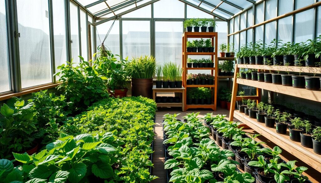 A cozy, well-organized greenhouse with lush, thriving plants arranged in distinct zones. Sunlight streams through the glass panels, casting a warm, natural glow over the scene. In the foreground, orderly rows of leafy greens and herbs flourish, while in the middle ground, a variety of potted plants stand tall, their vibrant colors contrasting with the wooden shelves. In the background, a neat array of seedlings and young plants sit on tiered racks, ready to be transplanted. The overall atmosphere is one of balance, productivity, and a harmonious integration of different growing environments within a single, climate-controlled space.