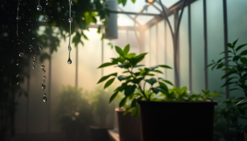 A dimly lit greenhouse interior, with lush greenery and a hazy, humid atmosphere. In the foreground, droplets of condensation cling to the glass panes, casting a soft, diffused glow. The middle ground features a thriving potted plant, its leaves gently swaying in the moist air. The background is shrouded in a subtle, atmospheric haze, conveying a sense of warmth and enclosure. Soft, directional lighting illuminates the scene, creating a cozy and inviting ambiance. The overall composition evokes a sense of tranquility and the intimate connection between plants and their environment. A dimly lit greenhouse interior, with lush greenery and a hazy, humid atmosphere. In the foreground, droplets of condensation cling to the glass panes, casting a soft, diffused glow. The middle ground features a thriving potted plant, its leaves gently swaying in the moist air. The background is shrouded in a subtle, atmospheric haze, conveying a sense of warmth and enclosure. Soft, directional lighting illuminates the scene, creating a cozy and inviting ambiance. The overall composition evokes a sense of tranquility and the intimate connection between plants and their environment.