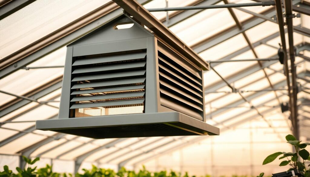A greenhouse interior bathed in soft, natural light, featuring a prominent roof vent that dominates the foreground. The vent's sleek, aerodynamic design stands out, its louvered panels angled to guide a steady, controlled airflow. The mid-ground showcases lush, verdant plants thriving beneath the ventilated canopy, while the background fades into a hazy, atmospheric haze, emphasizing the vent's central role in maintaining the optimal growing environment. The scene conveys a sense of purposeful functionality, where form and function seamlessly converge to enable efficient greenhouse ventilation.