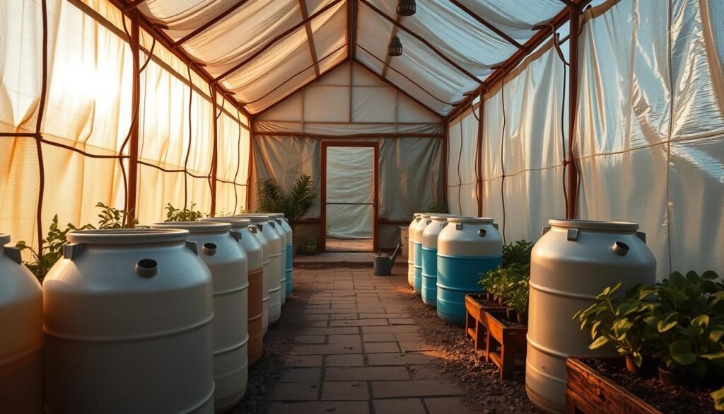 A greenhouse interior bathed in warm, diffused sunlight. In the foreground, several large water barrels sit, their surfaces reflecting the soft radiance. The middle ground features a stone-paved pathway, with watering cans scattered along the way, hinting at the active irrigation system. In the background, a wall of thermal blankets, their metallic sheen adding a subtle glow, creates a cozy, insulating atmosphere, enhancing the passive solar design. The overall scene conveys a sense of balance, efficiency, and a harmonious integration of natural and man-made elements, all working together to create a thriving, self-sustaining greenhouse environment.