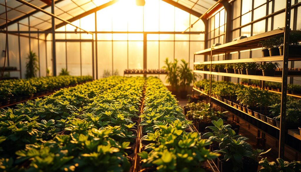 A greenhouse interior bathed in warm, golden light filtering through large windows. In the foreground, lush rows of thriving plants illuminated by strategically placed grow lights, their beams casting a soft, even glow over the foliage. In the middle ground, shelves holding a variety of seedlings and young plants, each receiving the precise amount of light required for their growth stage. The background reveals the greenhouse structure, its glass panes refracting the light to create a hazy, atmospheric effect. The overall scene conveys a sense of productivity, comfort, and the harmony between natural and artificial lighting for year-round gardening success. A greenhouse interior bathed in warm, golden light filtering through large windows. In the foreground, lush rows of thriving plants illuminated by strategically placed grow lights, their beams casting a soft, even glow over the foliage. In the middle ground, shelves holding a variety of seedlings and young plants, each receiving the precise amount of light required for their growth stage. The background reveals the greenhouse structure, its glass panes refracting the light to create a hazy, atmospheric effect. The overall scene conveys a sense of productivity, comfort, and the harmony between natural and artificial lighting for year-round gardening success.